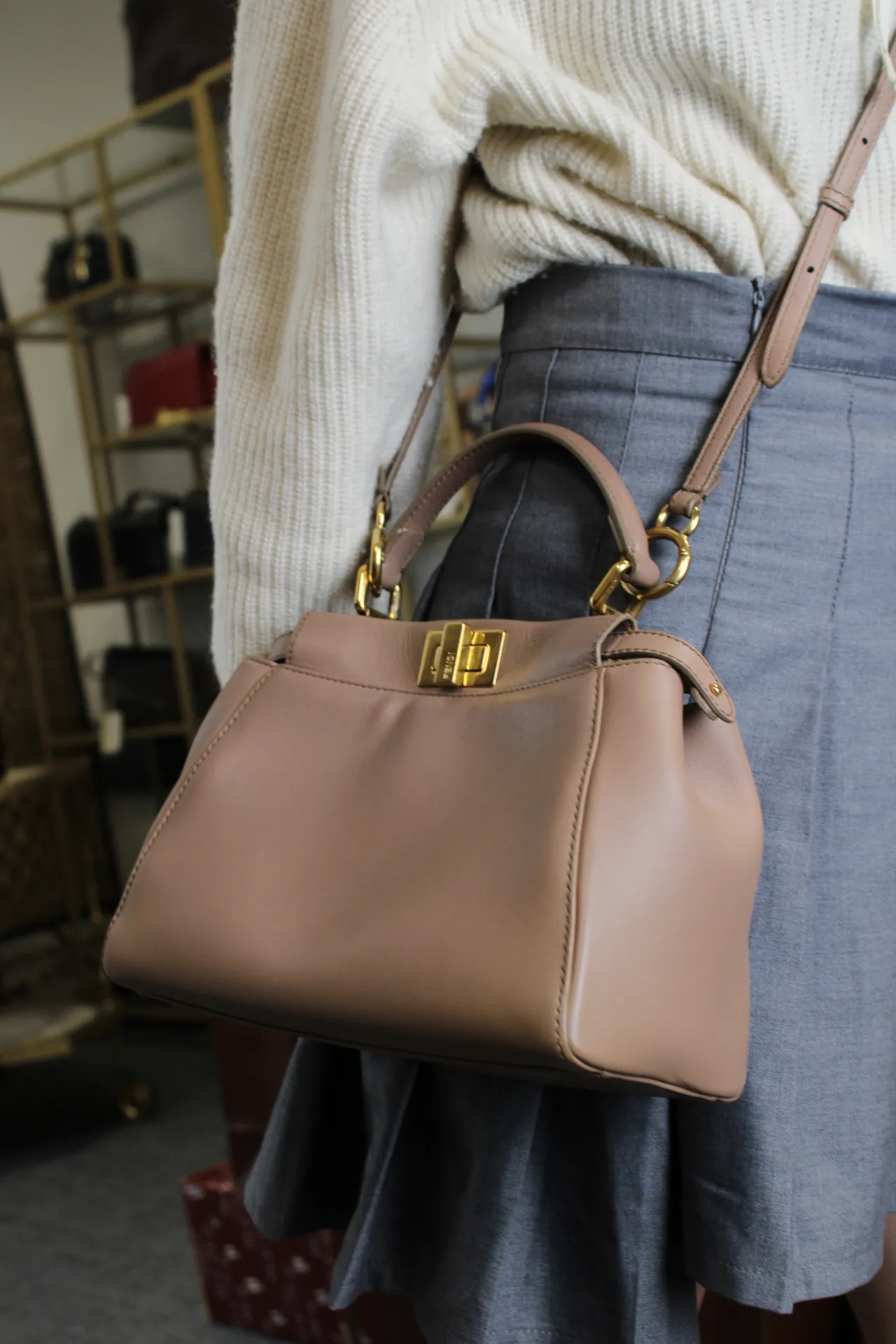 FENDI Peekaboo Mini Sand-Coloured Leather Bag FENDI Peekaboo Mini Sand-Coloured Leather Bag