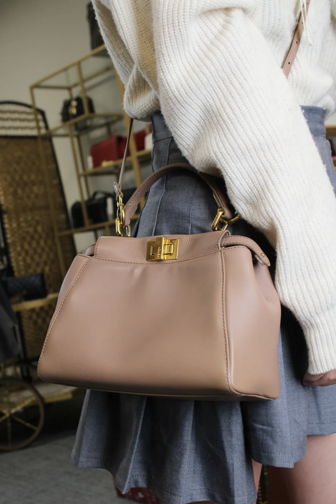 FENDI Peekaboo Mini Sand-Coloured Leather Bag FENDI Peekaboo Mini Sand-Coloured Leather Bag