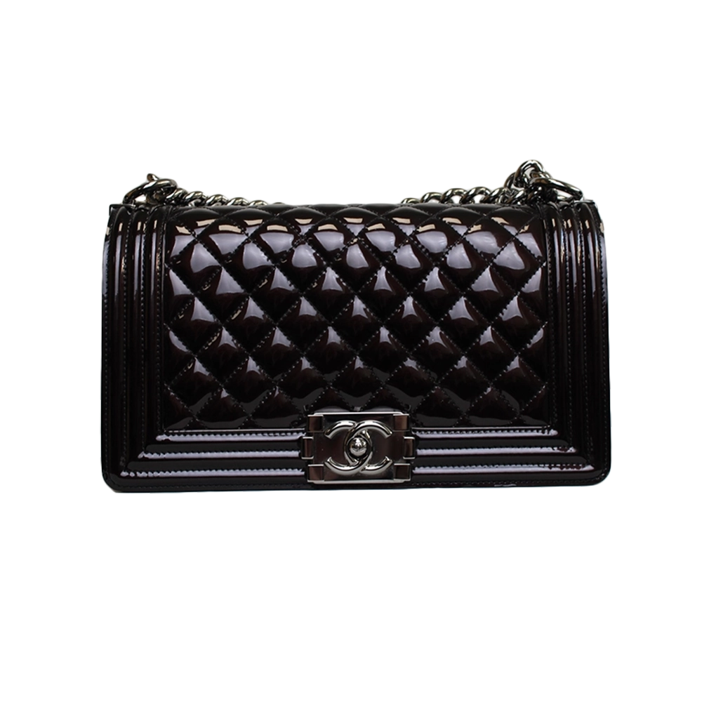 CHANEL Black / Brown Patent Medium Boy Bag CHANEL Black / Brown Patent Medium Boy Bag