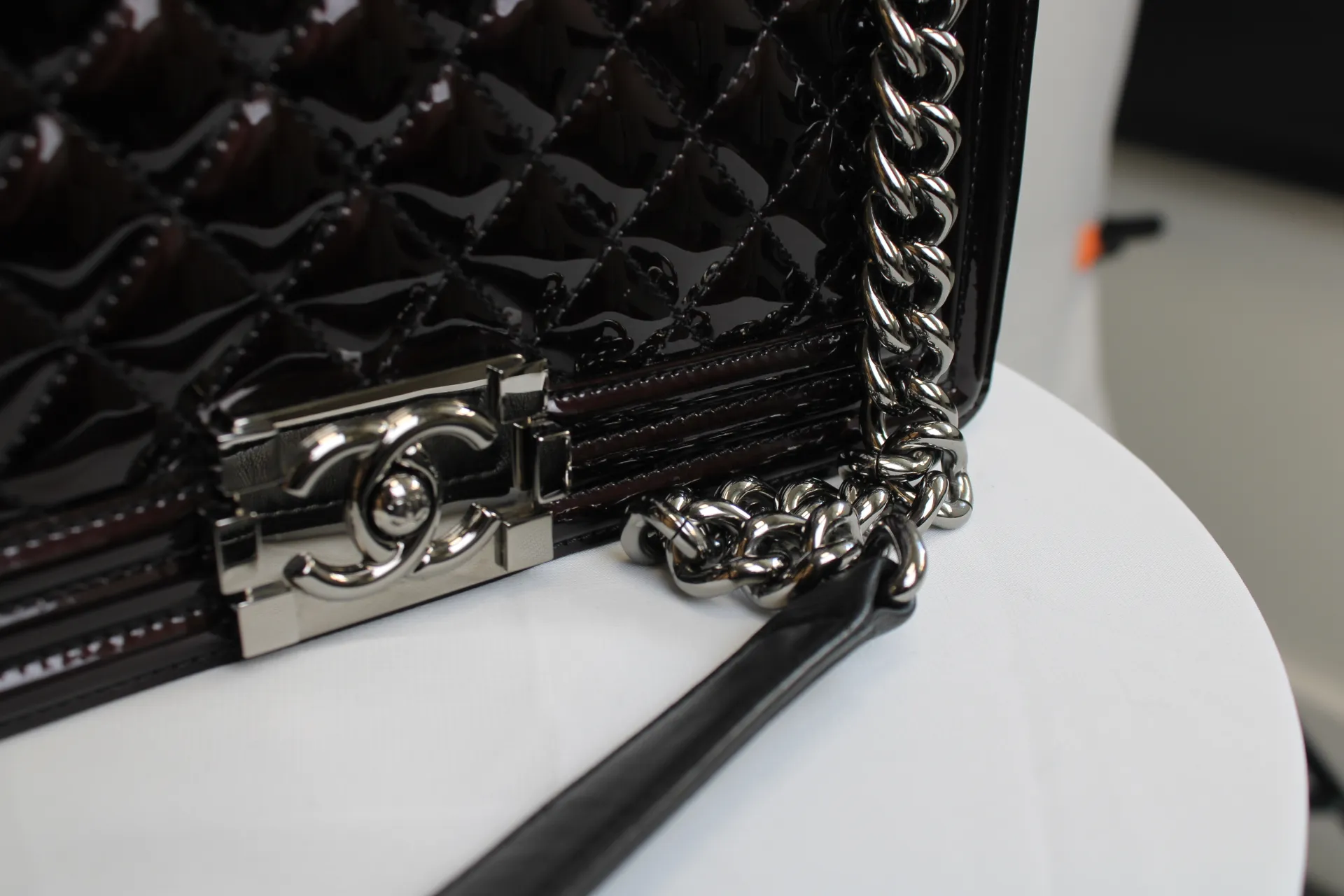 CHANEL Black / Brown Patent Medium Boy Bag CHANEL Black / Brown Patent Medium Boy Bag