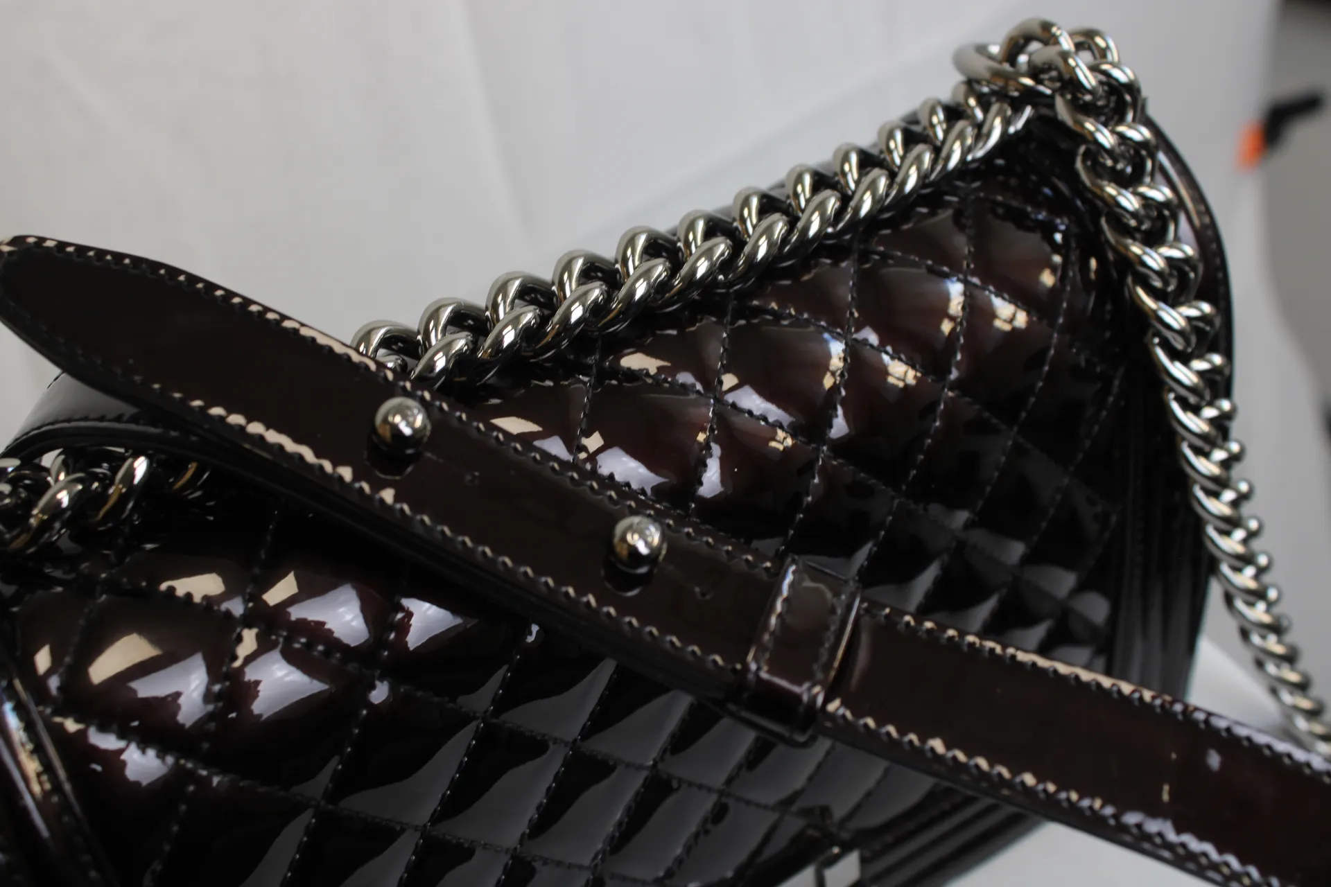 CHANEL Black / Brown Patent Medium Boy Bag CHANEL Black / Brown Patent Medium Boy Bag