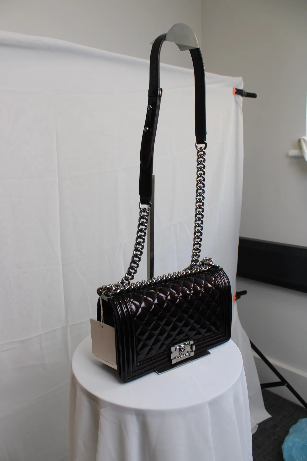 CHANEL Black / Brown Patent Medium Boy Bag CHANEL Black / Brown Patent Medium Boy Bag