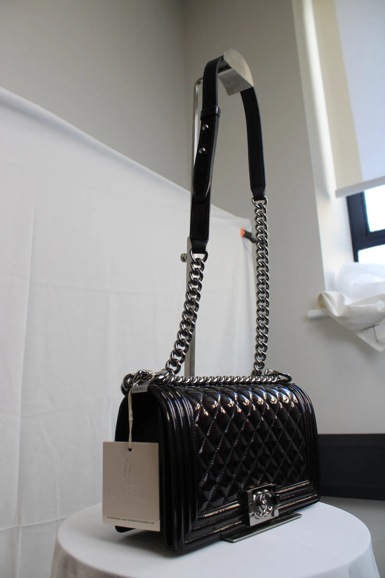 CHANEL Black / Brown Patent Medium Boy Bag CHANEL Black / Brown Patent Medium Boy Bag