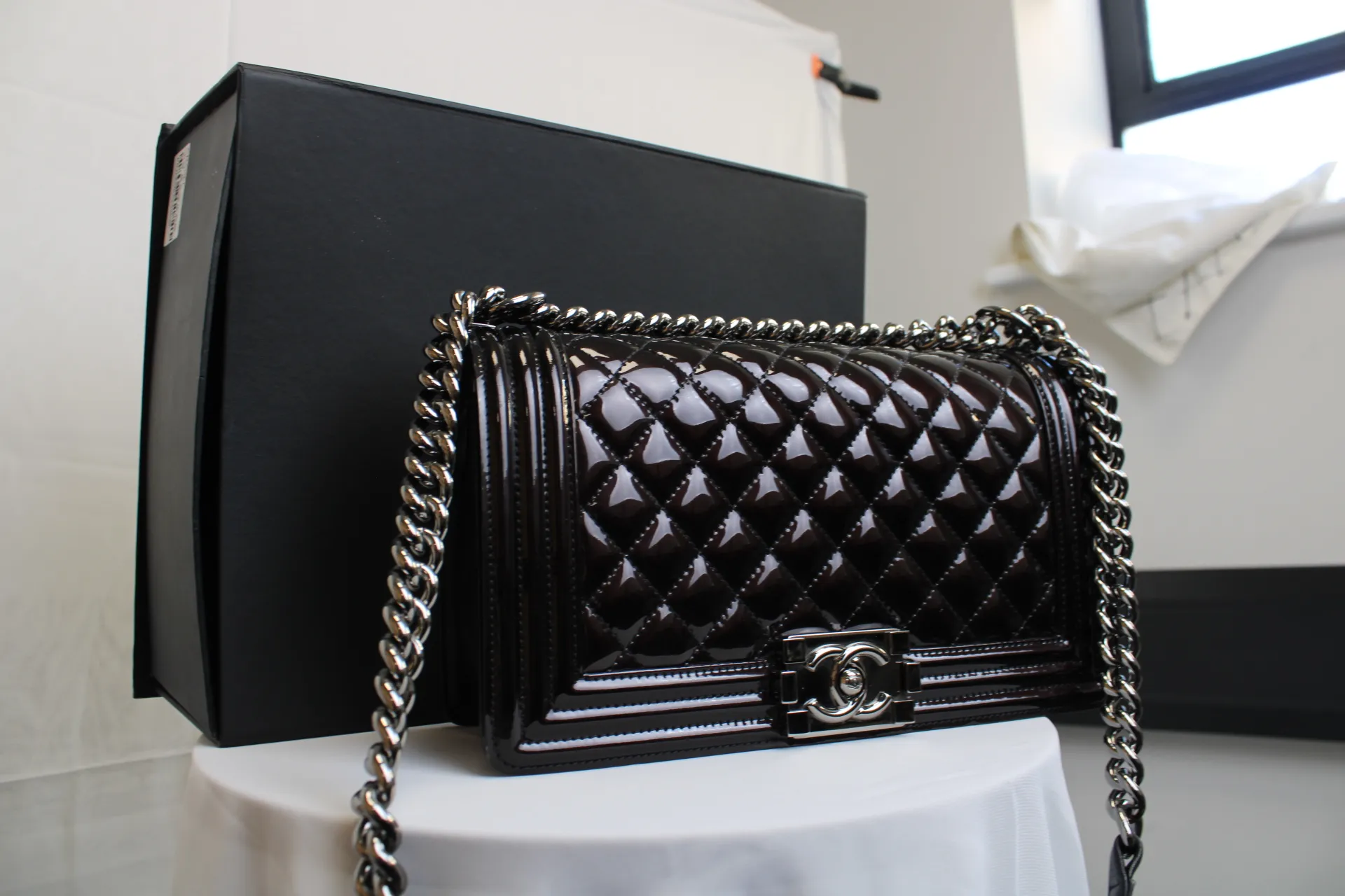 CHANEL Black / Brown Patent Medium Boy Bag CHANEL Black / Brown Patent Medium Boy Bag