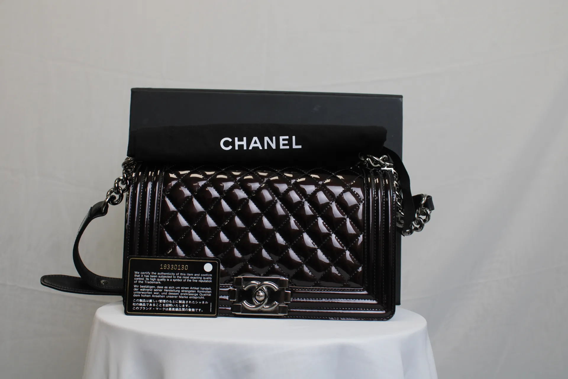 CHANEL Black / Brown Patent Medium Boy Bag CHANEL Black / Brown Patent Medium Boy Bag