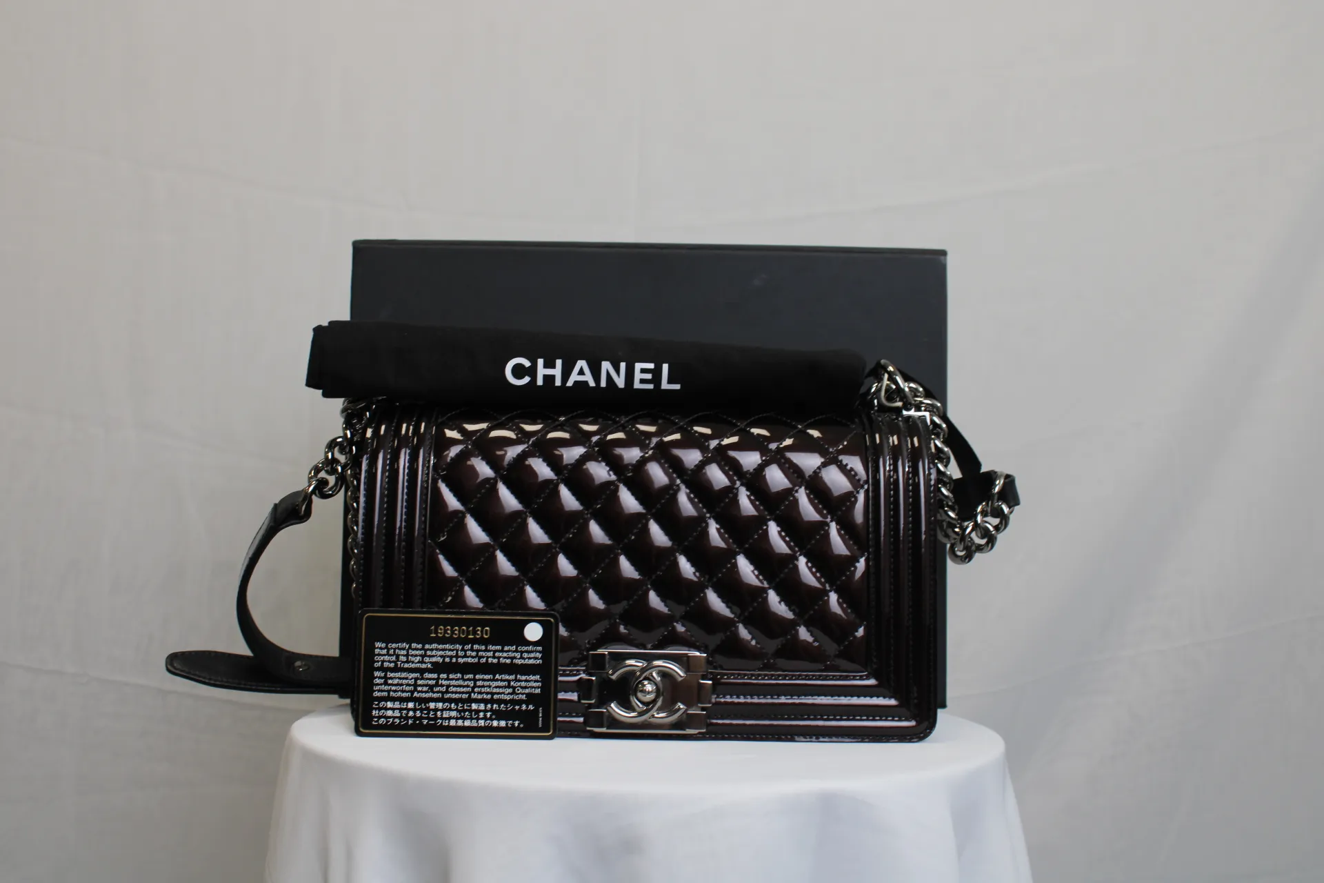 CHANEL Black / Brown Patent Medium Boy Bag CHANEL Black / Brown Patent Medium Boy Bag