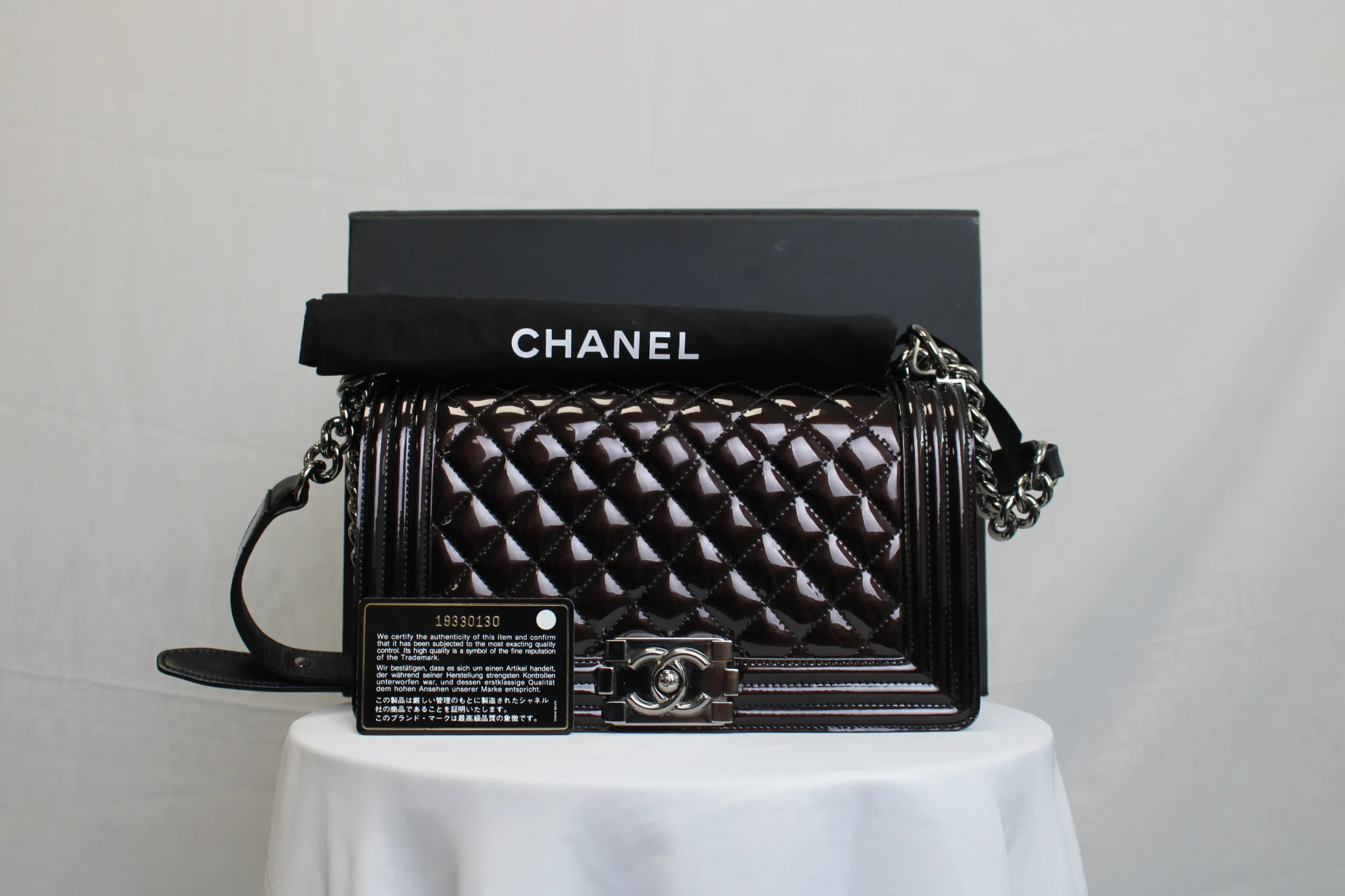 CHANEL Black / Brown Patent Medium Boy Bag CHANEL Black / Brown Patent Medium Boy Bag