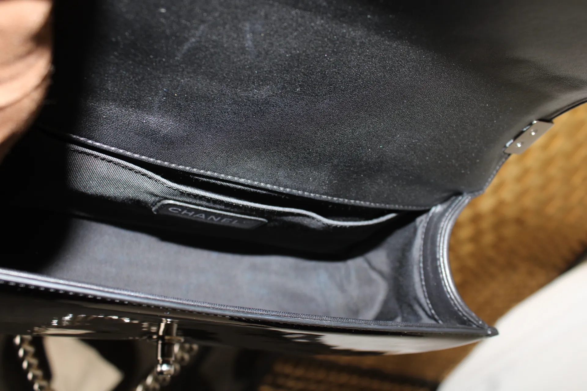 CHANEL Black / Brown Patent Medium Boy Bag CHANEL Black / Brown Patent Medium Boy Bag