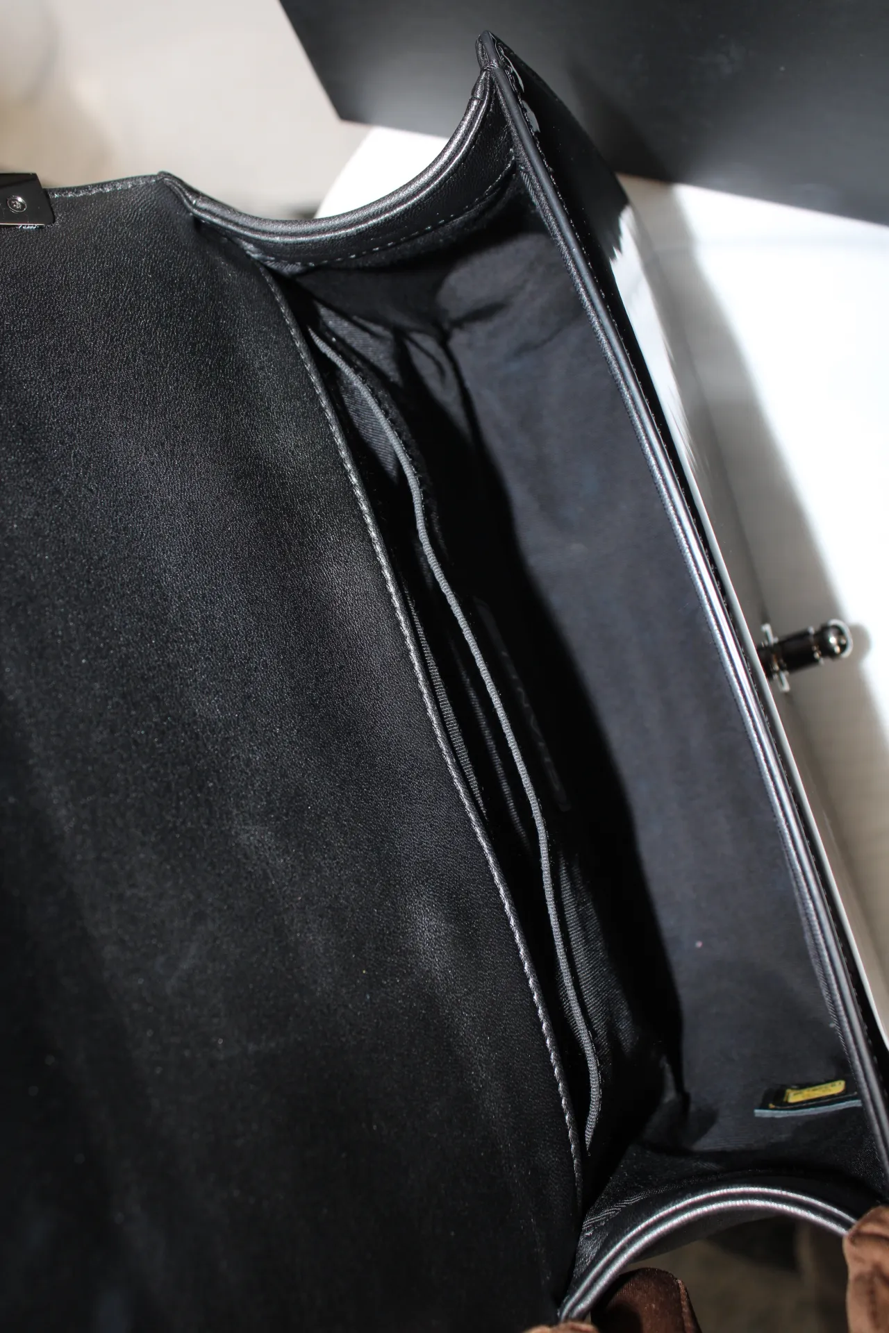 CHANEL Black / Brown Patent Medium Boy Bag CHANEL Black / Brown Patent Medium Boy Bag