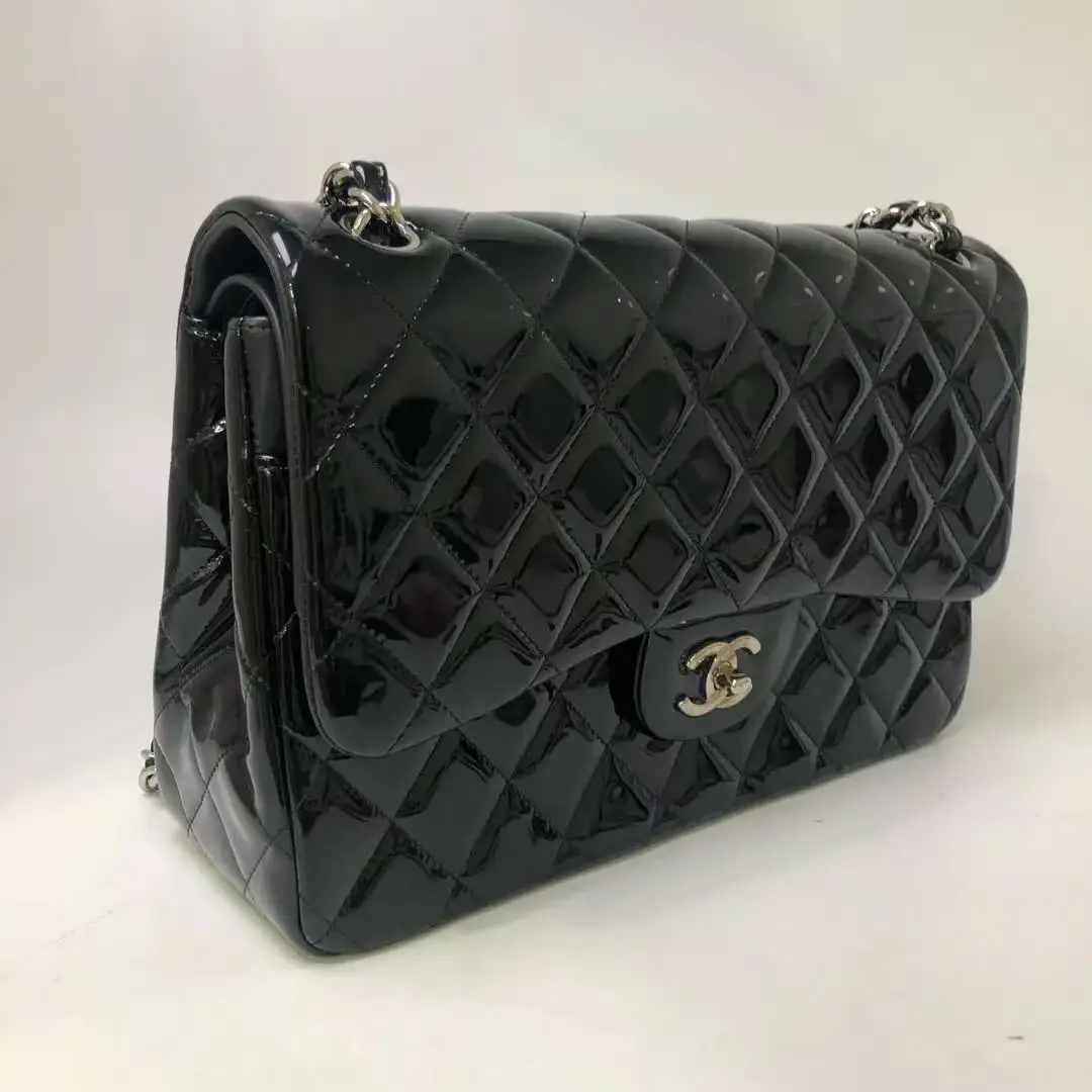 CHANEL Black Jumbo / Large Classic Flap Bag Patent Leather Handbag CHANEL Black Jumbo / Large Classic Flap Bag Patent Leather Handbag