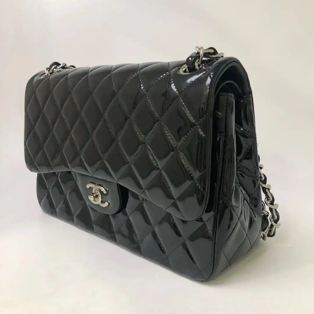 CHANEL Black Jumbo / Large Classic Flap Bag Patent Leather Handbag CHANEL Black Jumbo / Large Classic Flap Bag Patent Leather Handbag