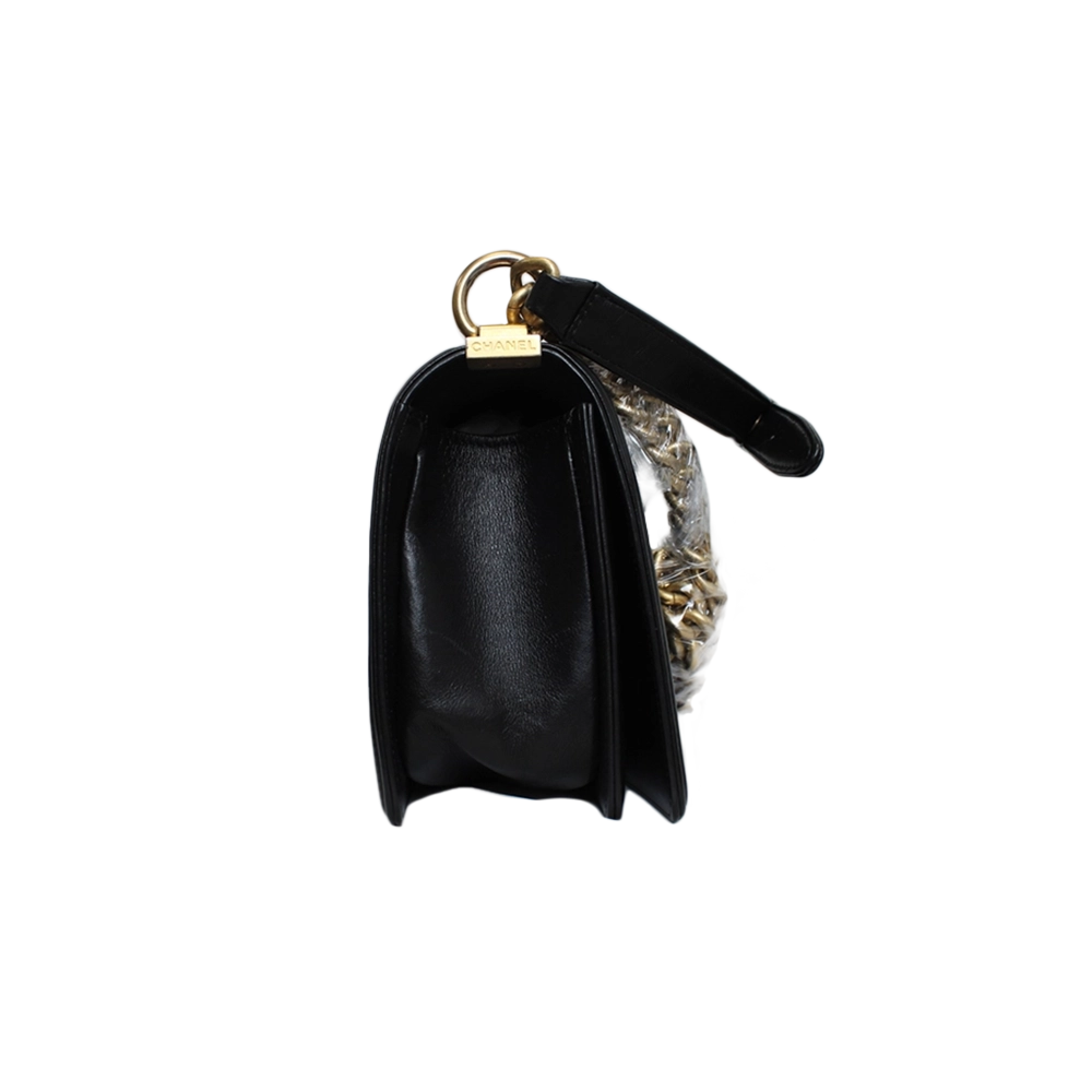 CHANEL Medium Black Lambskin Boy Bag Gold Hardware CHANEL Medium Black Lambskin Boy Bag Gold Hardware