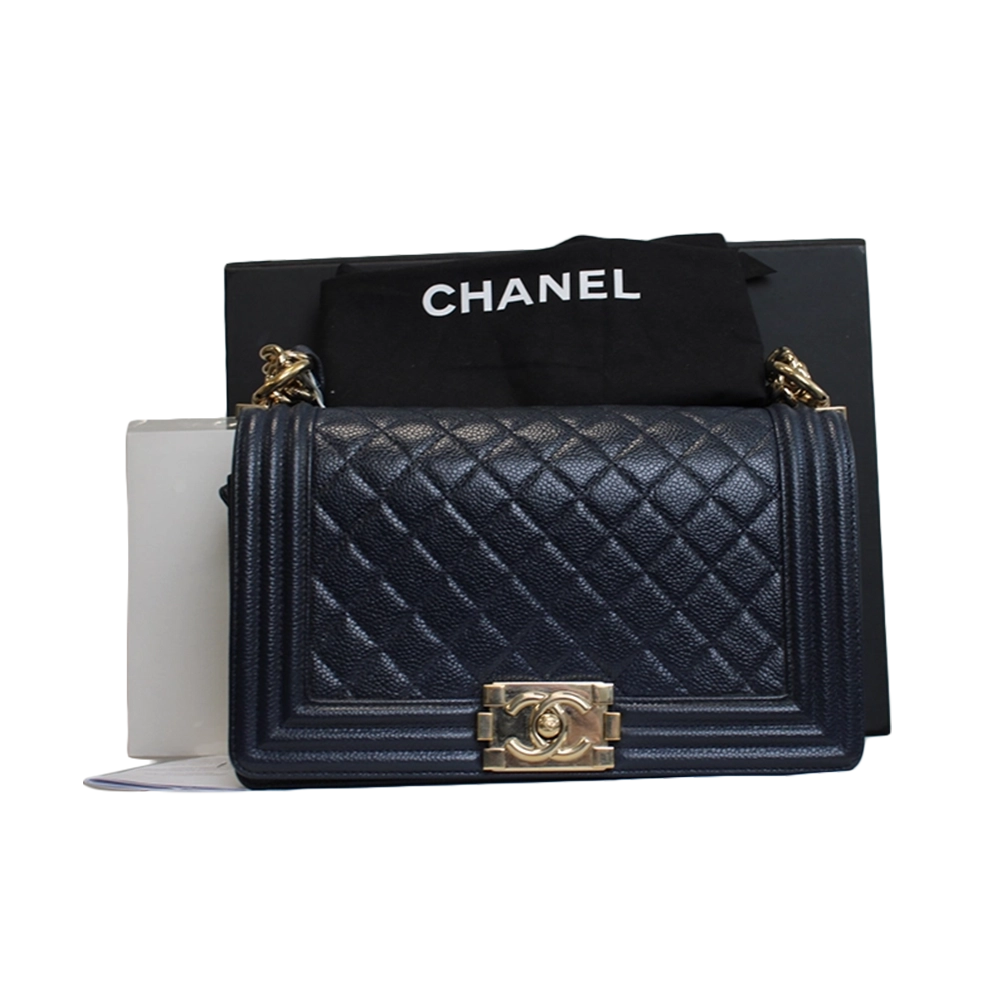 CHANEL Medium Navy Caviar Leather Boy Bag CHANEL Medium Navy Caviar Leather Boy Bag