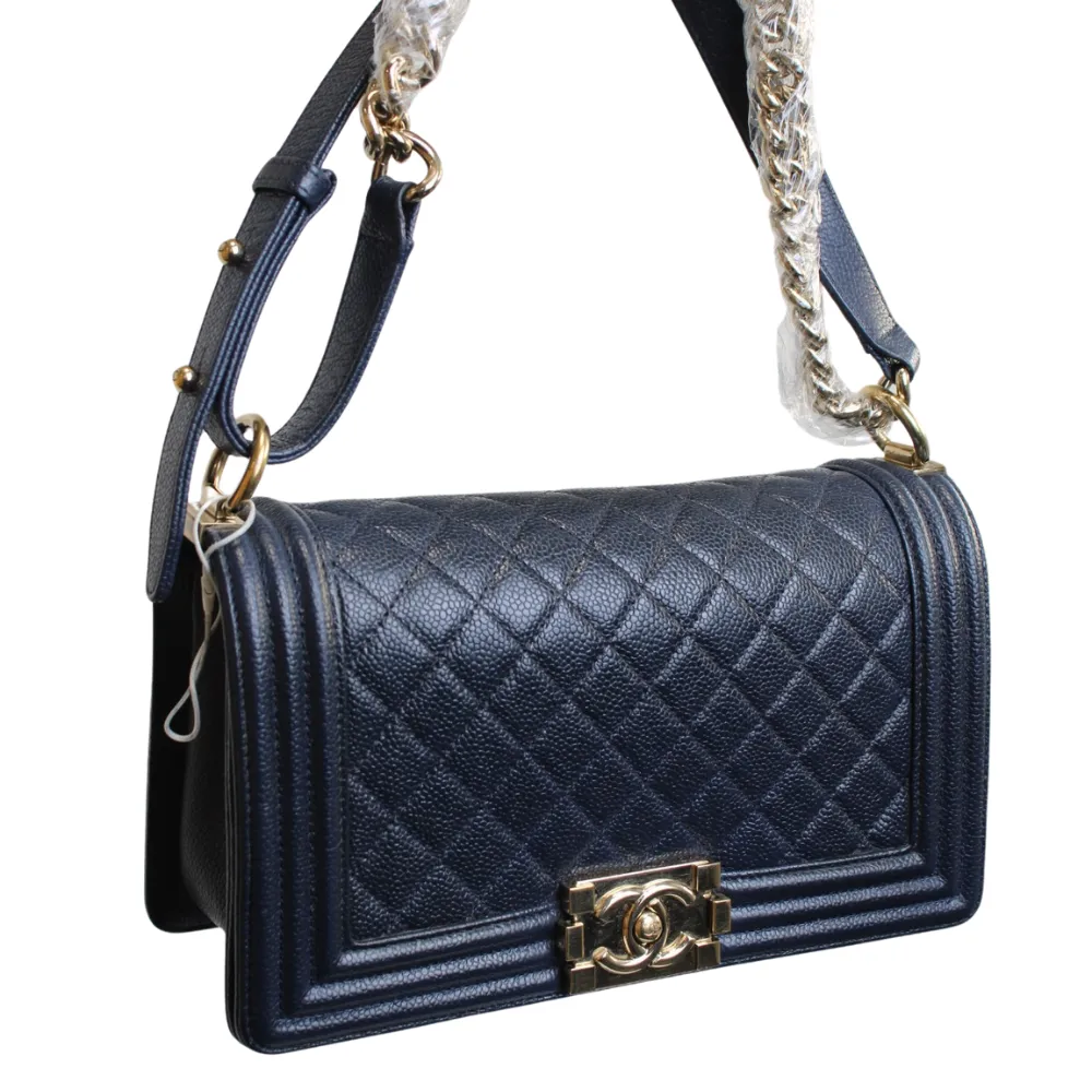 CHANEL Medium Navy Caviar Leather Boy Bag CHANEL Medium Navy Caviar Leather Boy Bag