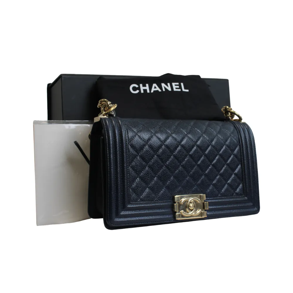 CHANEL Medium Navy Caviar Leather Boy Bag CHANEL Medium Navy Caviar Leather Boy Bag