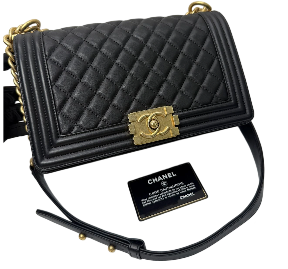 CHANEL Medium Black Lambskin Boy Bag Gold Hardware CHANEL Medium Black Lambskin Boy Bag Gold Hardware