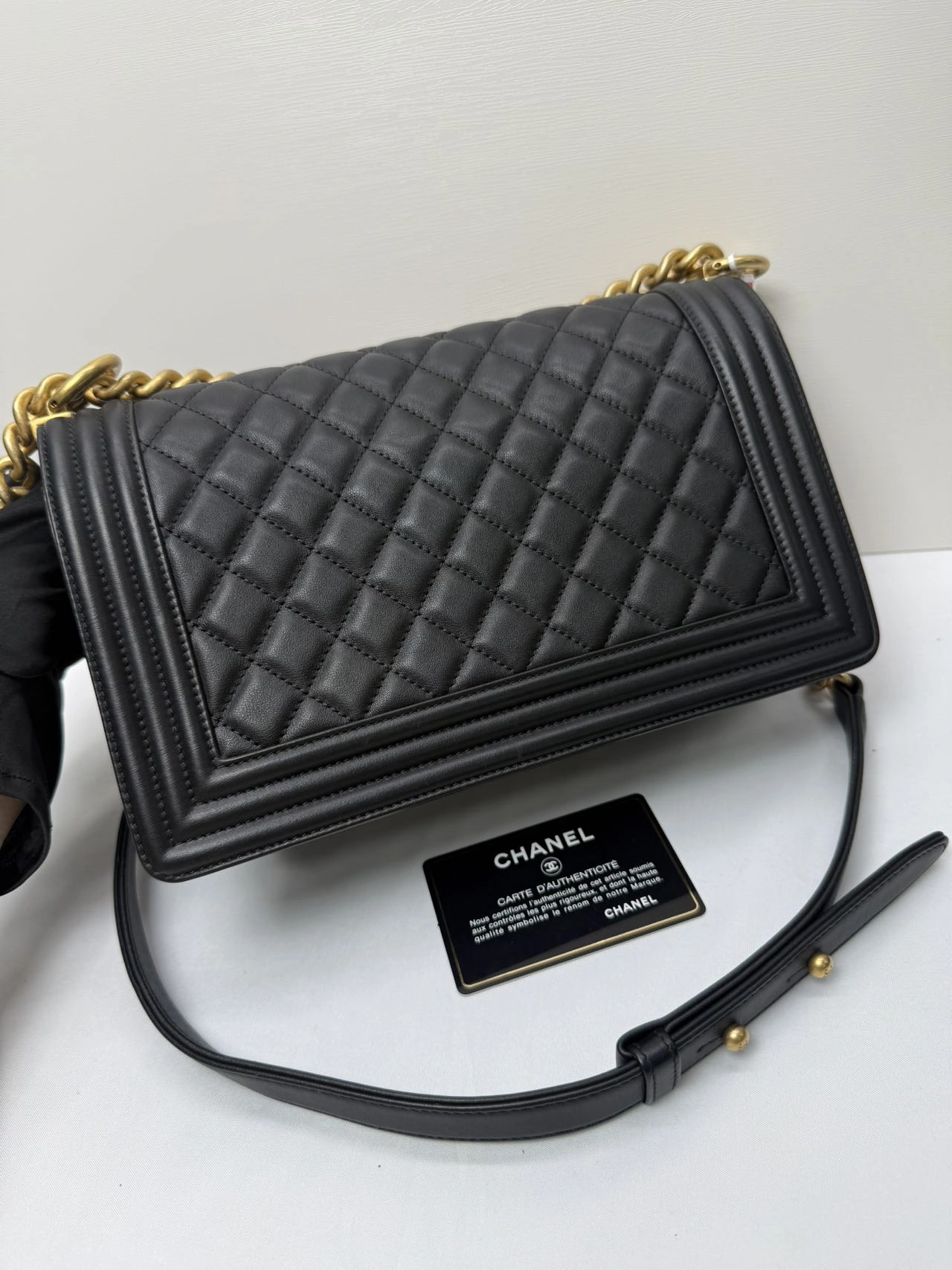 CHANEL Medium Black Lambskin Boy Bag Gold Hardware CHANEL Medium Black Lambskin Boy Bag Gold Hardware