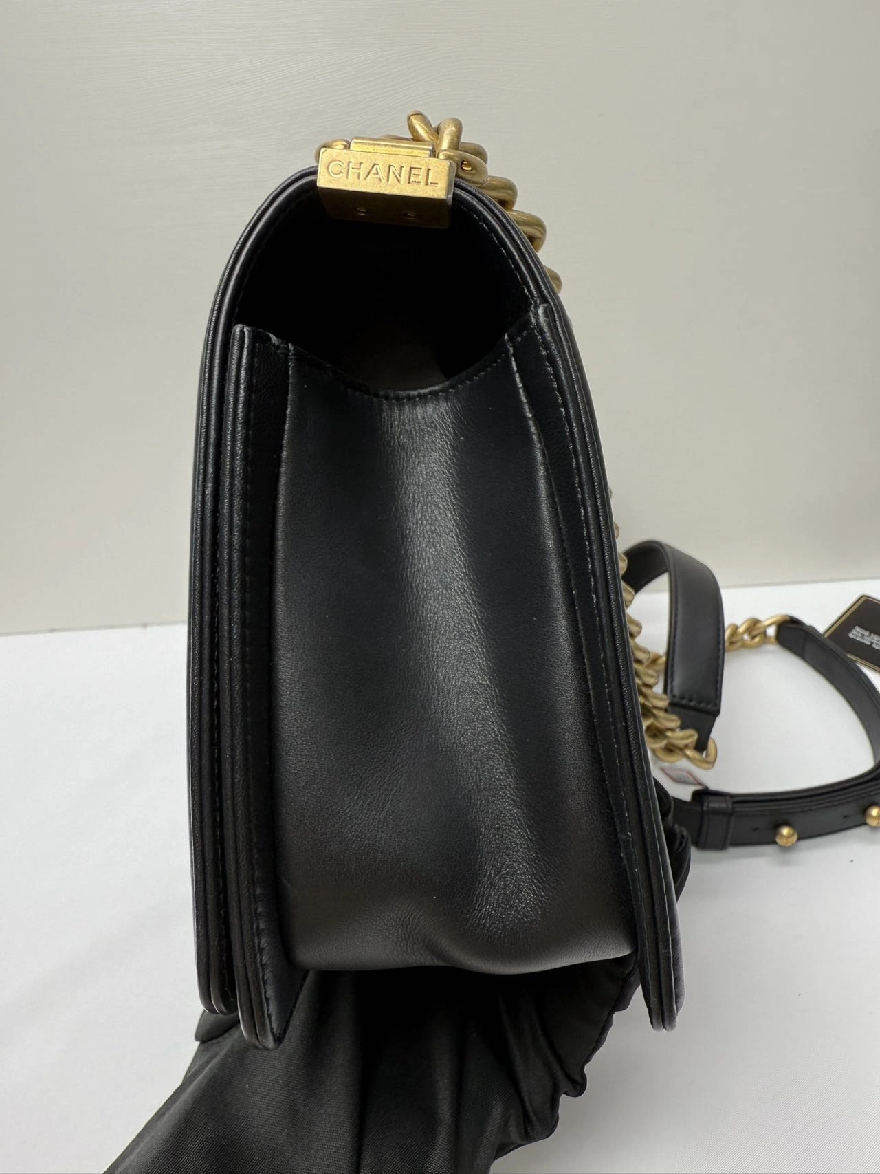 CHANEL Medium Black Lambskin Boy Bag Gold Hardware CHANEL Medium Black Lambskin Boy Bag Gold Hardware