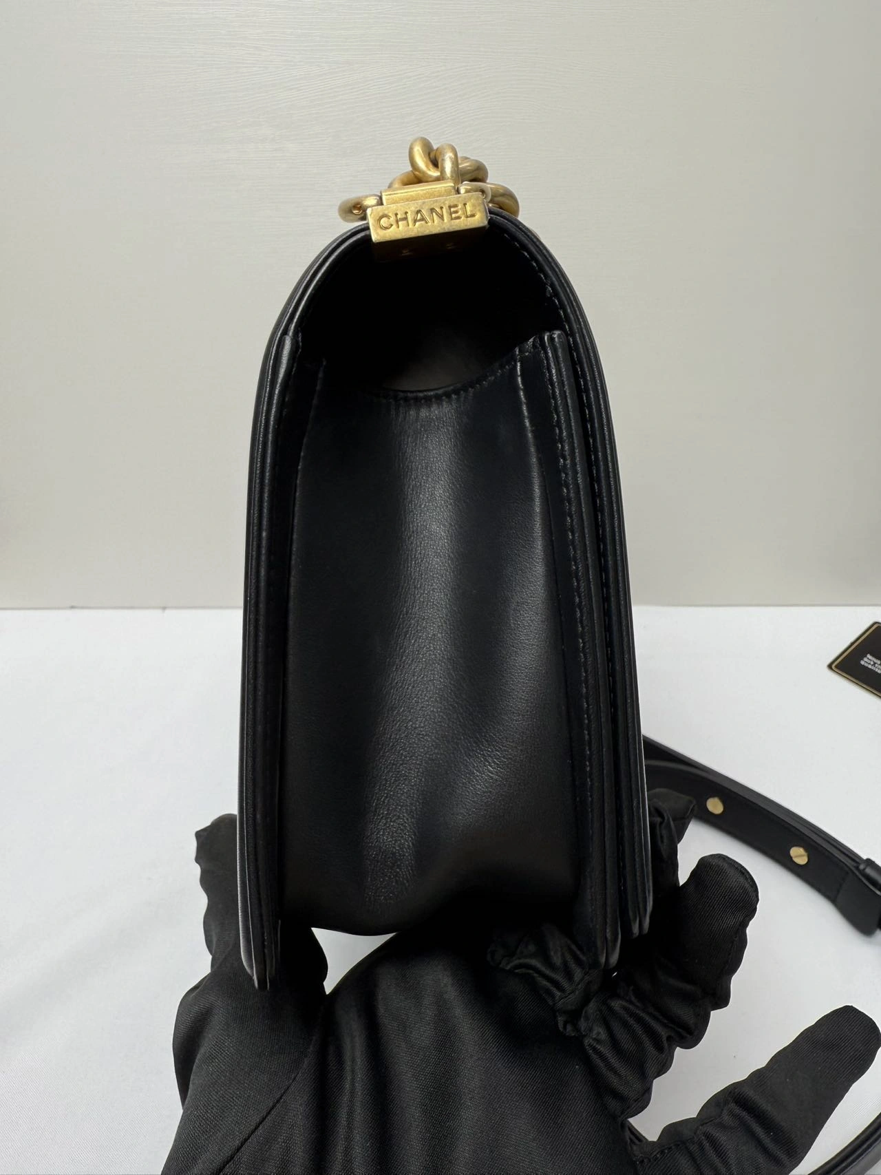 CHANEL Medium Black Lambskin Boy Bag Gold Hardware CHANEL Medium Black Lambskin Boy Bag Gold Hardware