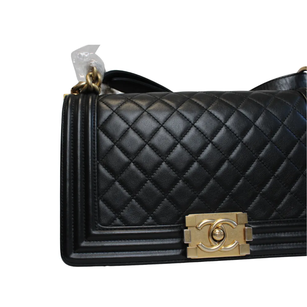 CHANEL Medium Black Lambskin Boy Bag Gold Hardware CHANEL Medium Black Lambskin Boy Bag Gold Hardware