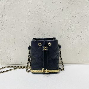 CHANEL Metal Lambskin Quilted Small Chain Bucket Bag Black