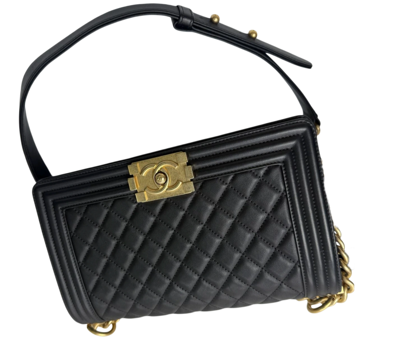 CHANEL Medium Black Lambskin Boy Bag Gold Hardware CHANEL Medium Black Lambskin Boy Bag Gold Hardware