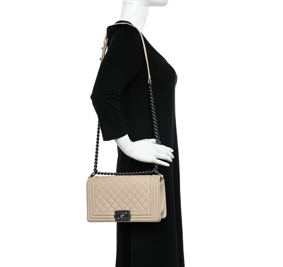 CHANEL Beige/Cream Caviar Leather Medium Boy Flap Bag