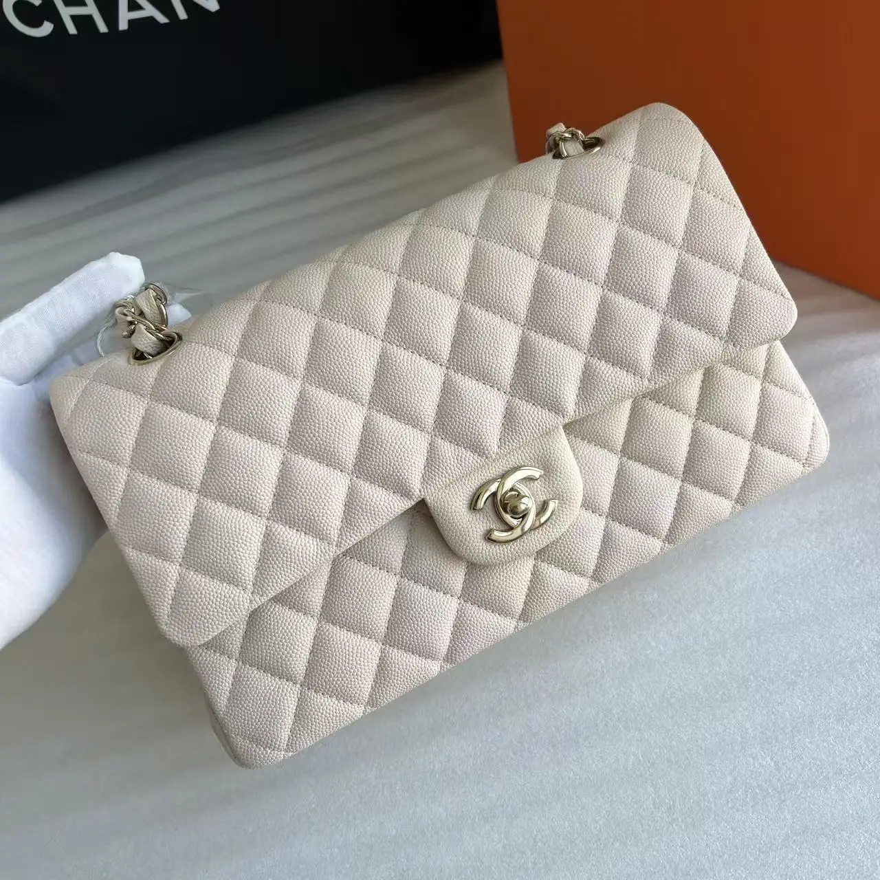 CHANEL Beige Medium Lambskin Classic Flap Handbag CHANEL Beige Medium Lambskin Classic Flap Handbag