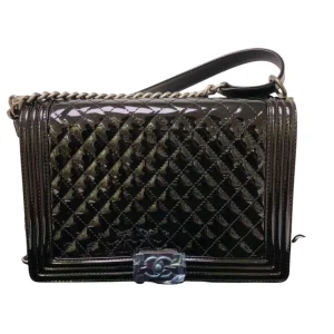 CHANEL Black Quilted Patent Leather Large Boy Bag Ruthenium Hardware