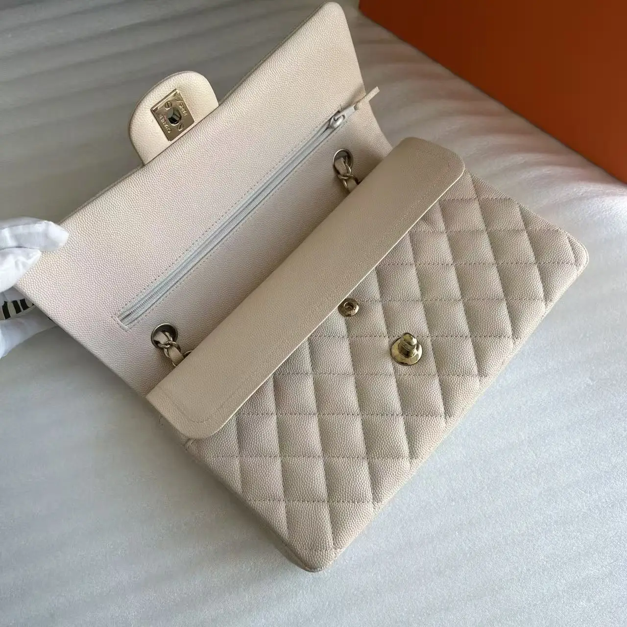 CHANEL Beige Medium Lambskin Classic Flap Handbag CHANEL Beige Medium Lambskin Classic Flap Handbag