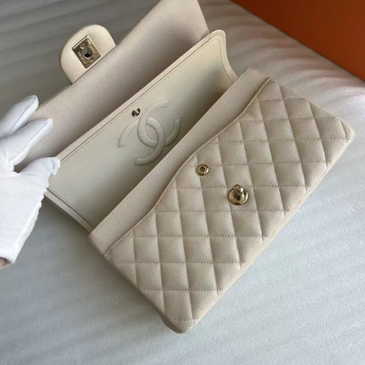 CHANEL Beige Medium Lambskin Classic Flap Handbag CHANEL Beige Medium Lambskin Classic Flap Handbag