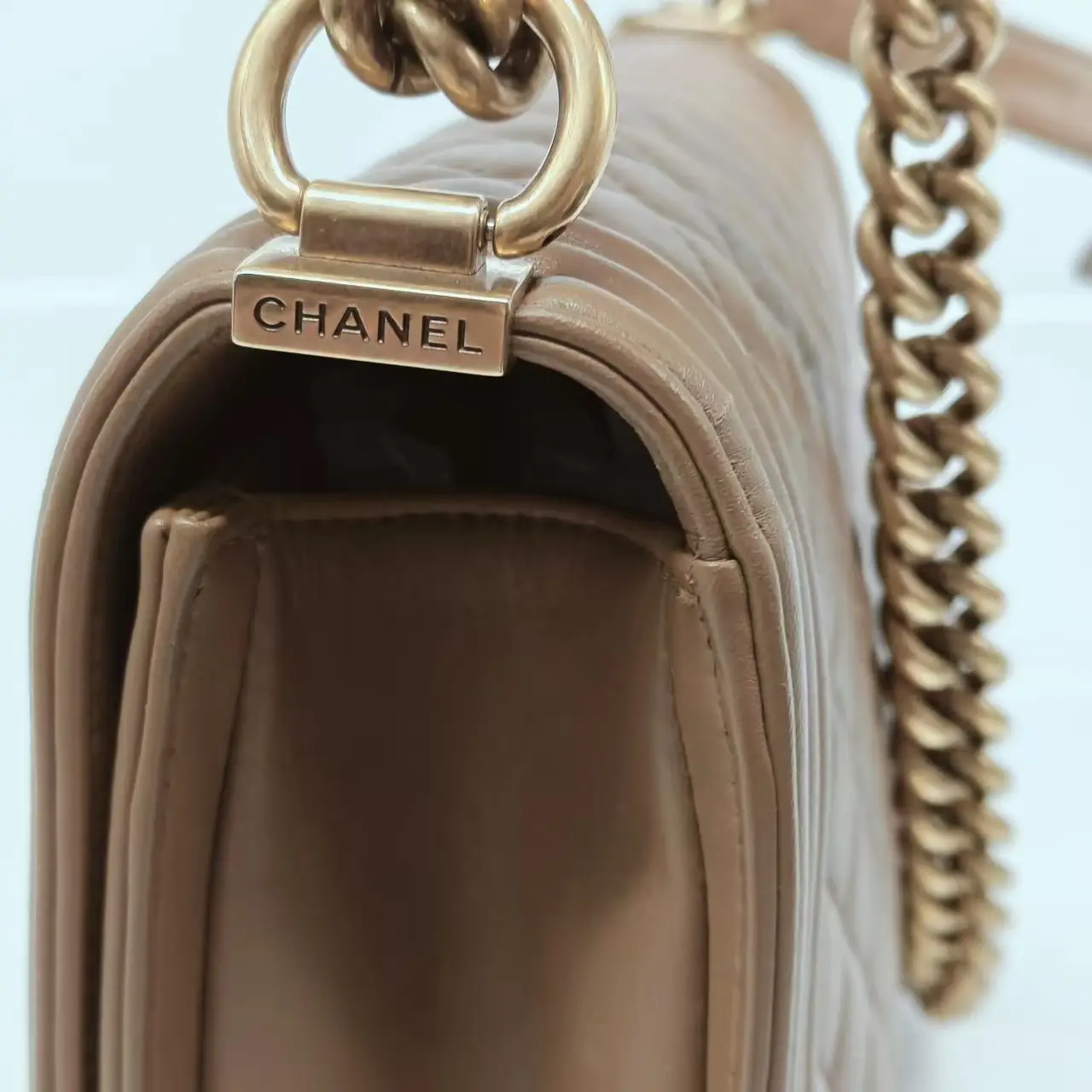 CHANEL Medium Boy Bag Beige Lambskin Gold Hardware CHANEL Medium Boy Bag Beige Lambskin Gold Hardware