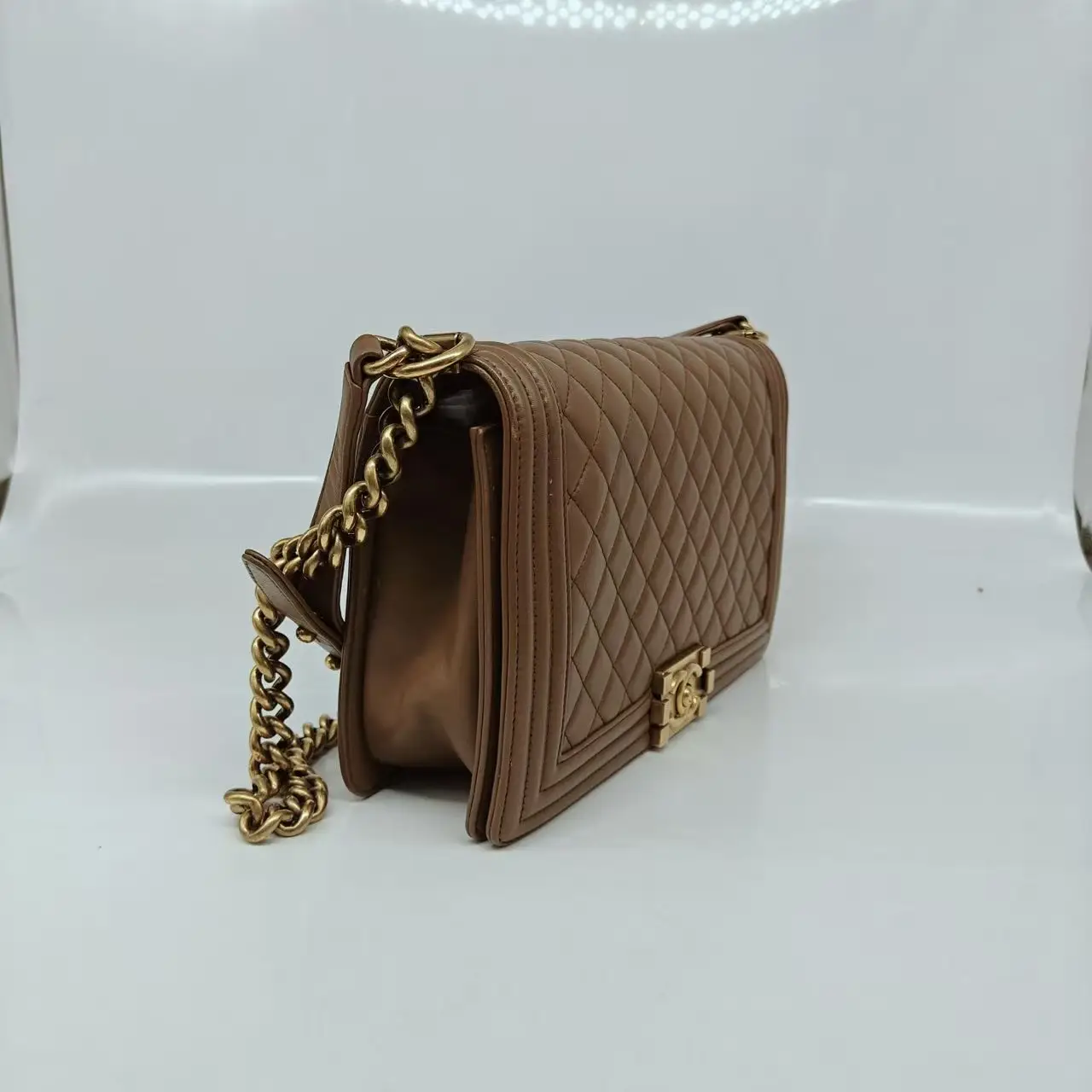 CHANEL Medium Boy Bag Beige Lambskin Gold Hardware CHANEL Medium Boy Bag Beige Lambskin Gold Hardware