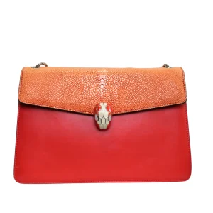 BVLGARI Embellished Orange Stingray Serpenti Shoulder Bag Forever Chain Strap