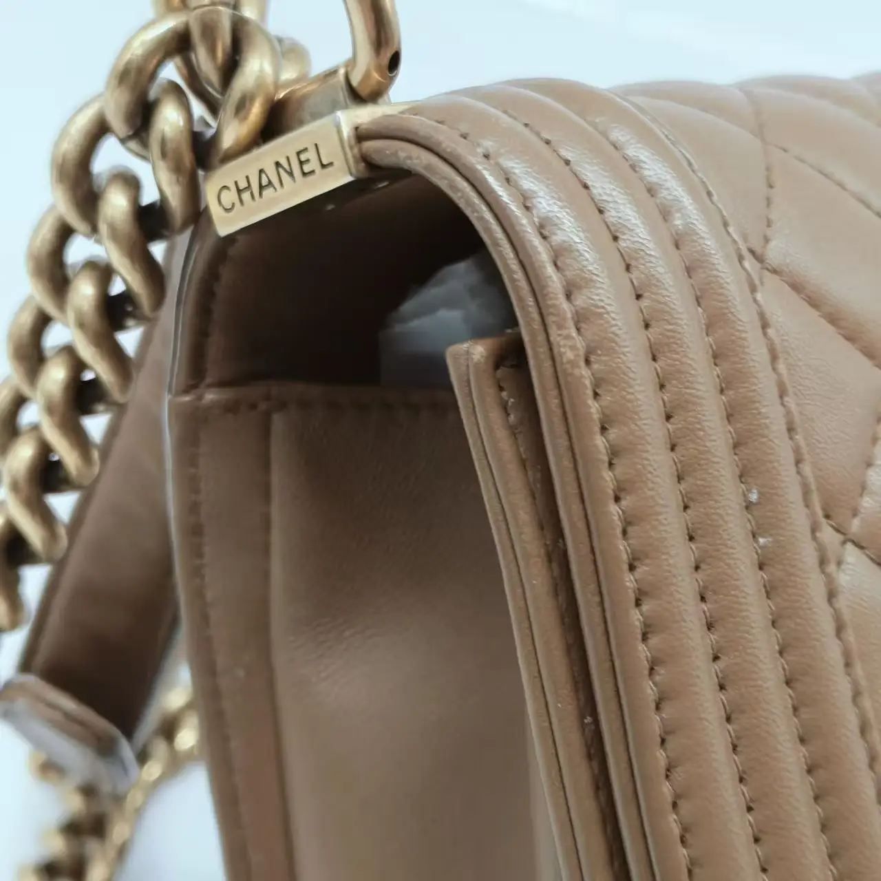 CHANEL Medium Boy Bag Beige Lambskin Gold Hardware CHANEL Medium Boy Bag Beige Lambskin Gold Hardware