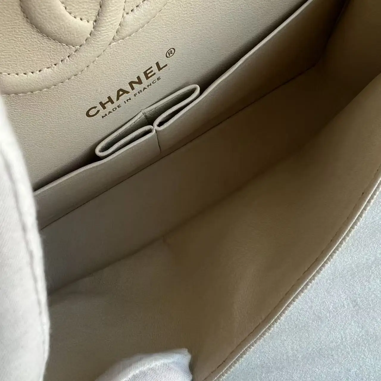 CHANEL Beige Medium Lambskin Classic Flap Handbag CHANEL Beige Medium Lambskin Classic Flap Handbag