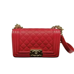CHANEL Small Boy Bag Red Caviar Leather Gold Hardware