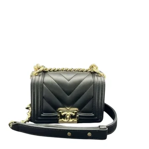 Chanel Black Caviar Leather Chevron Quilted Small Boy Bag