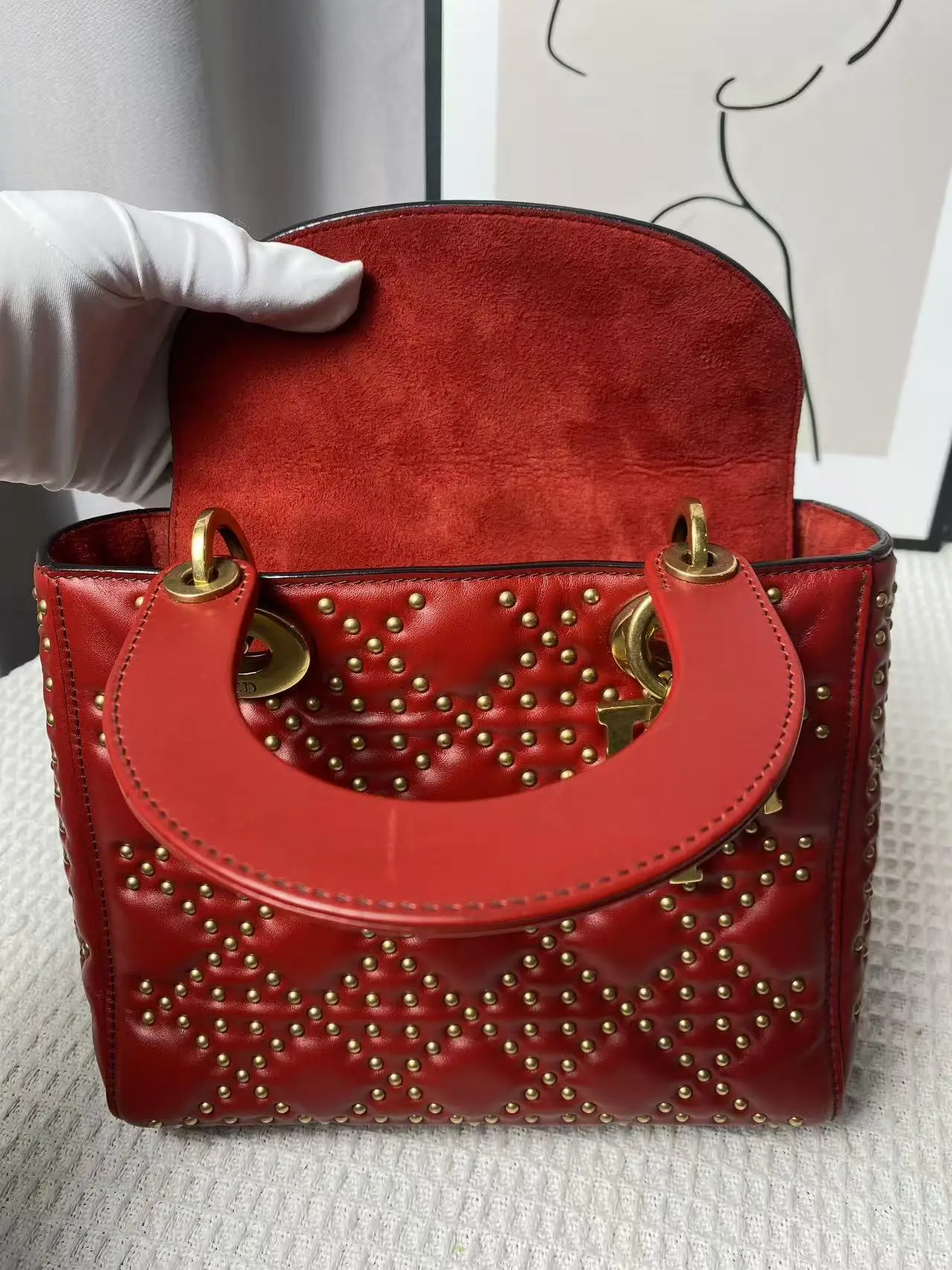 Dior Red Small Lambskin Cannage Studded Supple Lady Dior Dior Red Small Lambskin Cannage Studded Supple Lady Dior