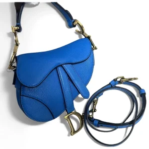 DIOR Mini Saddle Bag with Strap Blue Grained Calfskin