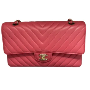 CHANEL Pink Medium Classic Chevron Lambskin Double Flap