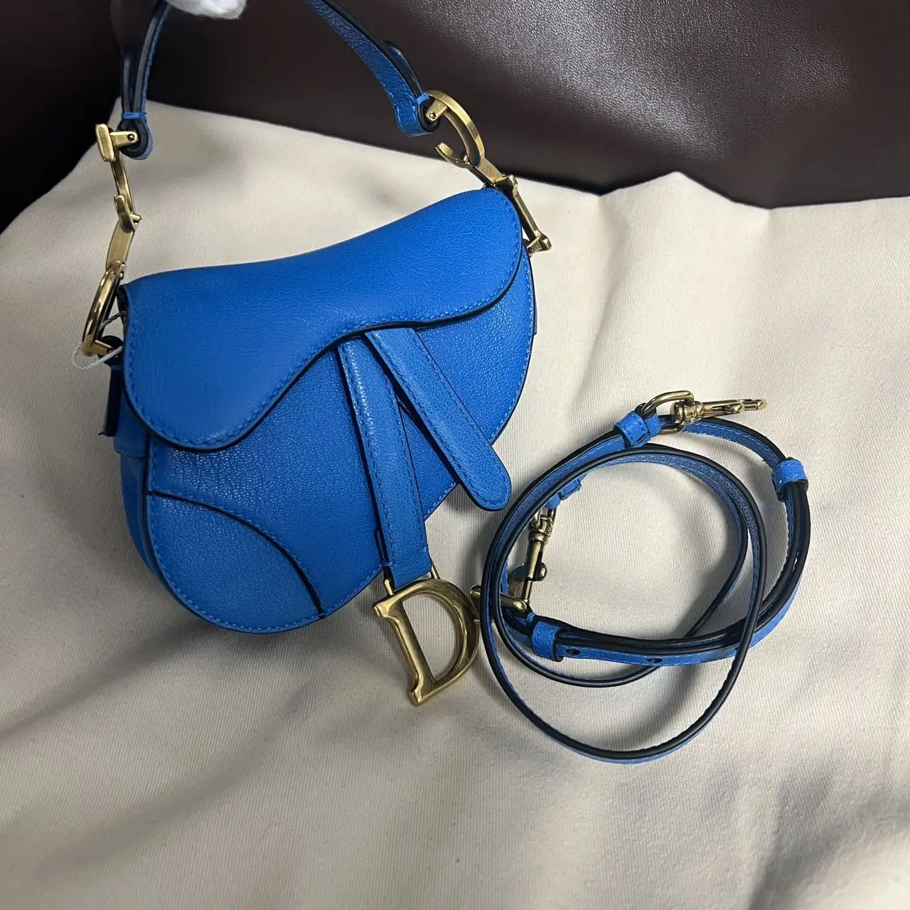 DIOR Mini Saddle Bag with Strap Blue Grained Calfskin DIOR Mini Saddle Bag with Strap Blue Grained Calfskin