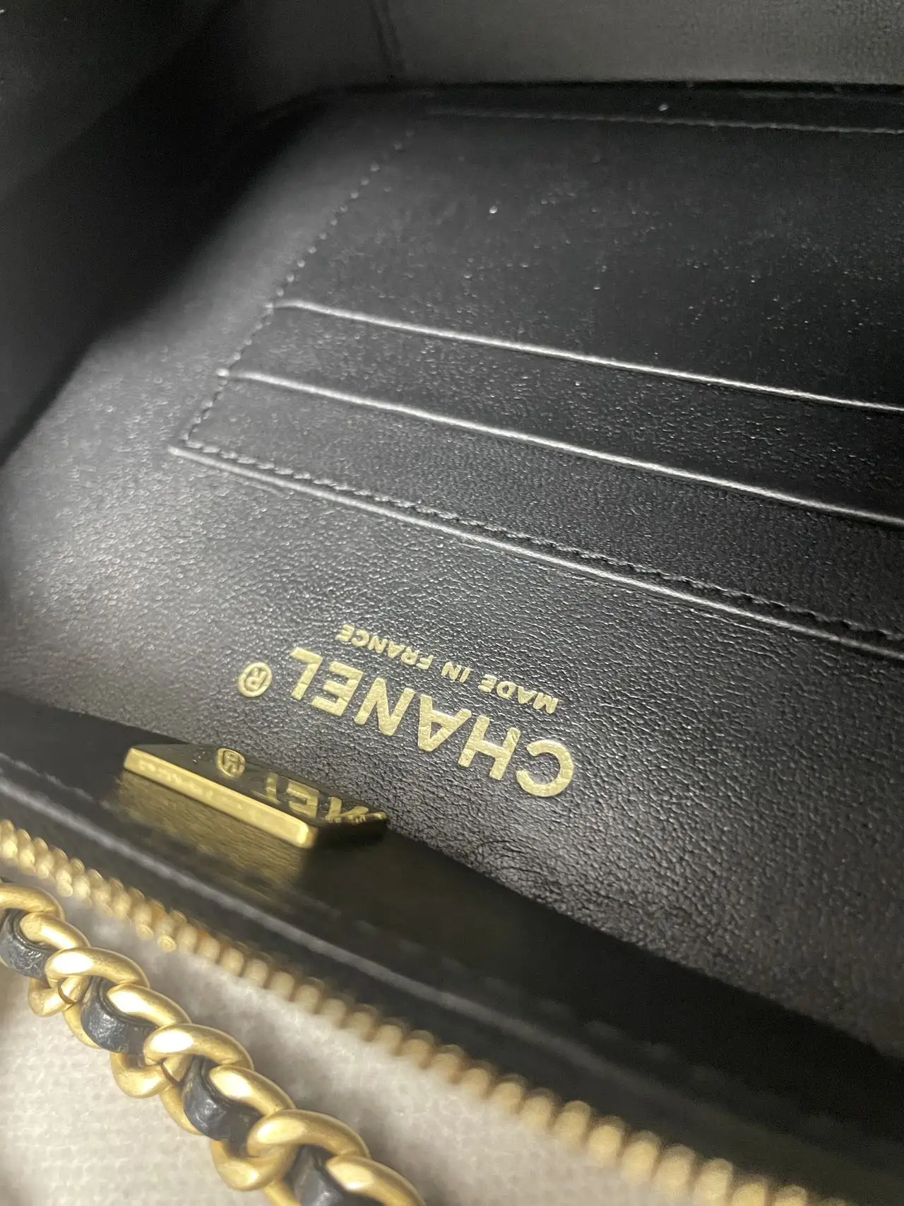 CHANEL Black Quilted Lambskin Vanity with Chain Brushed Gold Hardware CHANEL Black Quilted Lambskin Vanity with Chain Brushed Gold Hardware