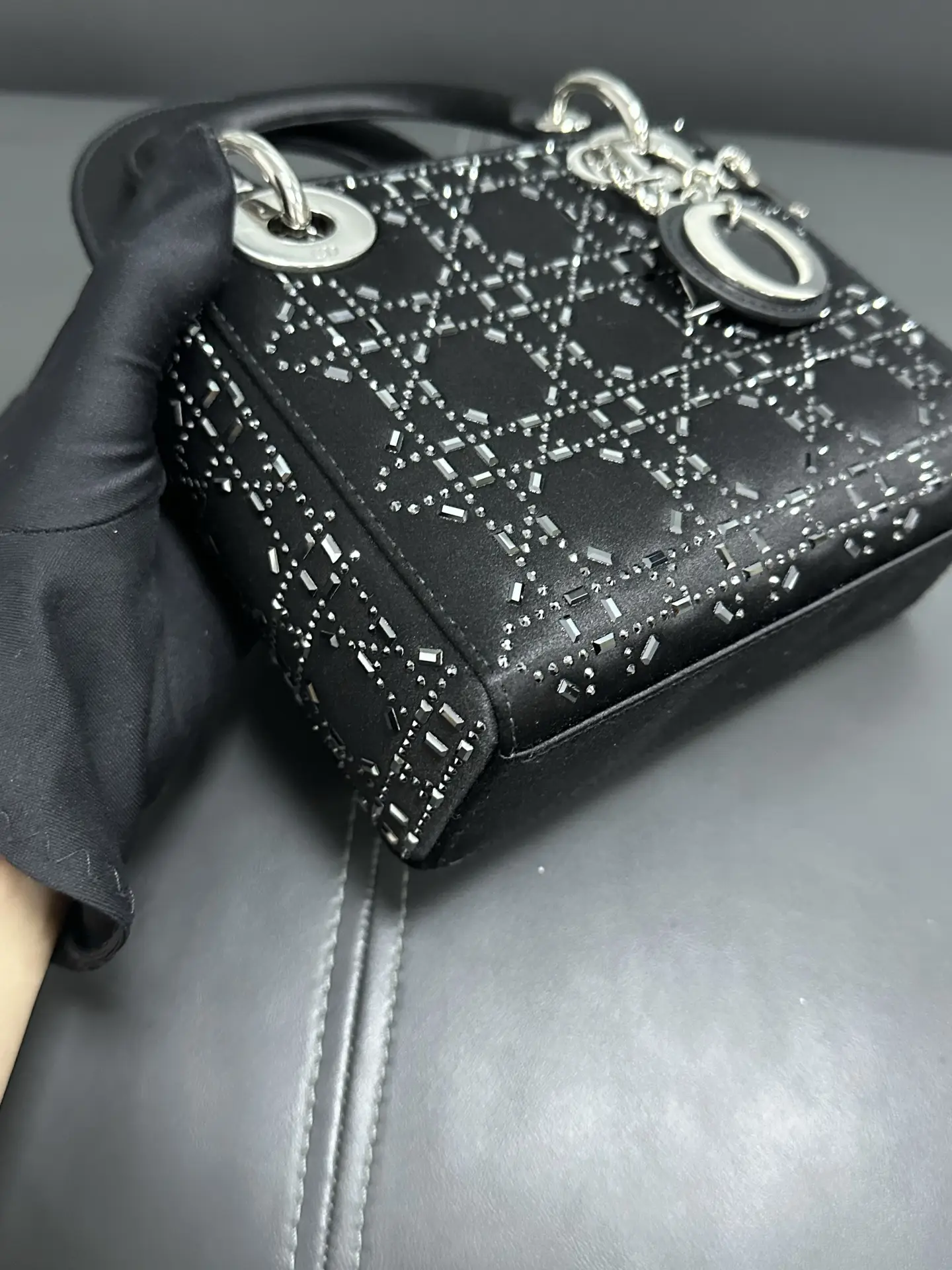 DIOR Mini Lady Dior Bag in Black Satin with Crystals DIOR Mini Lady Dior Bag in Black Satin with Crystals