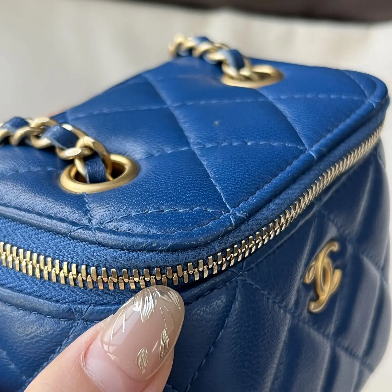 CHANEL Mini Vanity on Pearl Chain Blue Lambskin CHANEL Mini Vanity on Pearl Chain Blue Lambskin