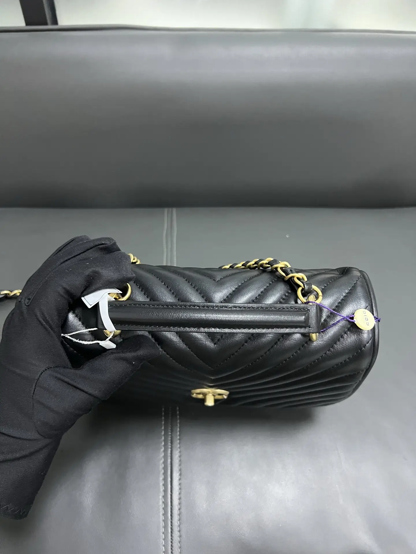 CHANEL Reversed Black Chevron Round Flap Bag CHANEL Reversed Black Chevron Round Flap Bag