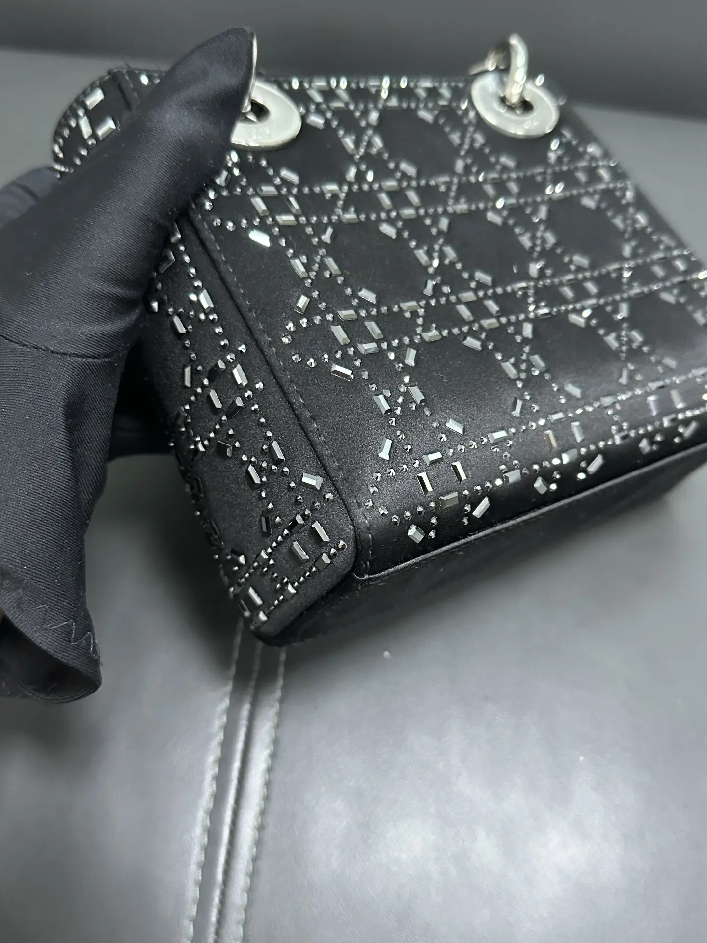 DIOR Mini Lady Dior Bag in Black Satin with Crystals DIOR Mini Lady Dior Bag in Black Satin with Crystals