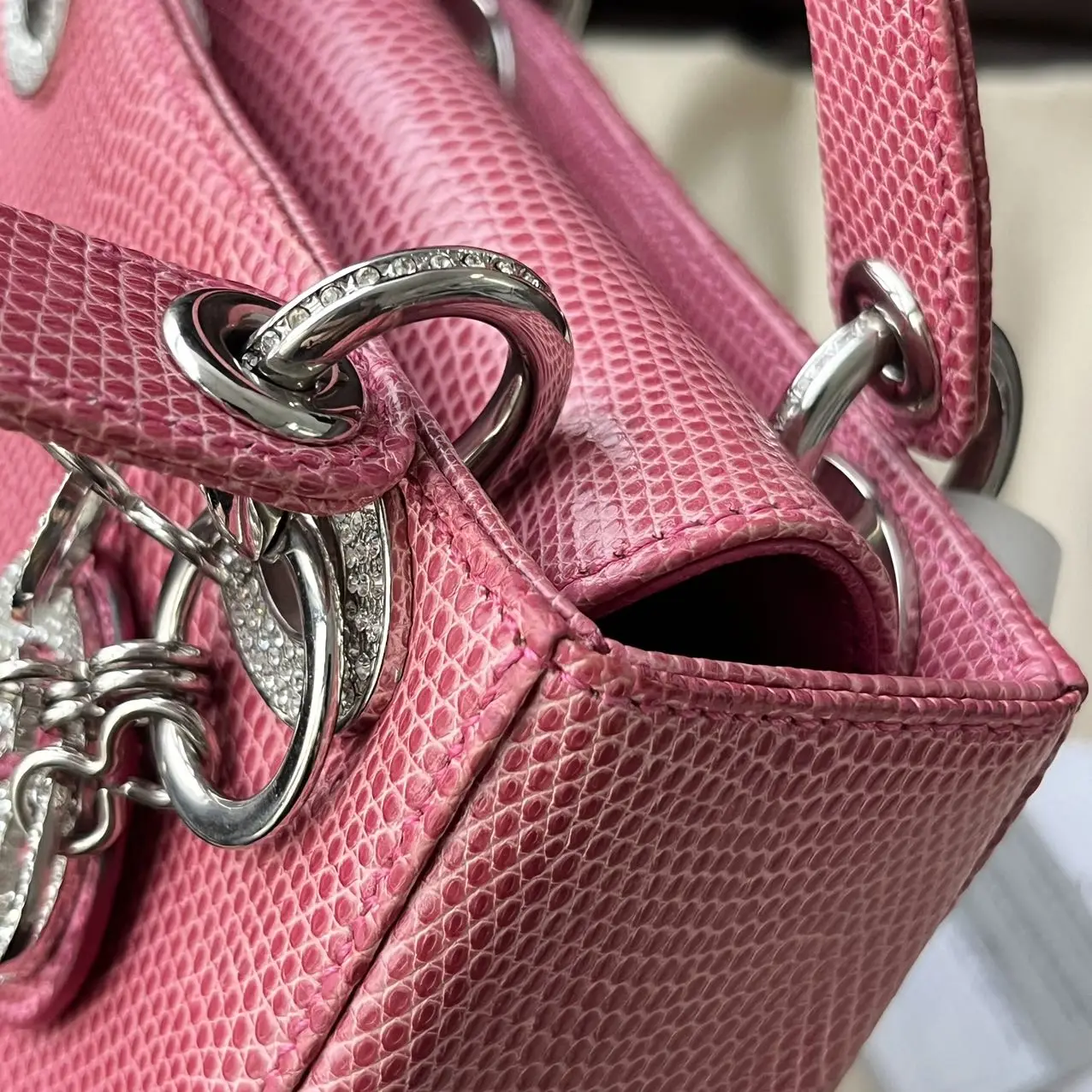DIOR Lizard Swarovski Crystal Mini Lady Dior Pink Bag DIOR Lizard Swarovski Crystal Mini Lady Dior Pink Bag