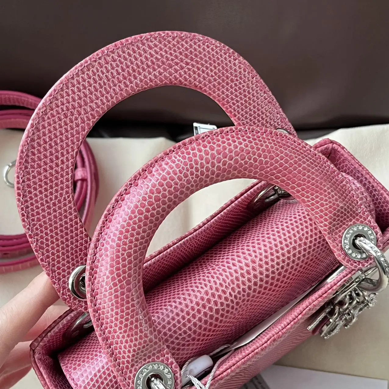 DIOR Lizard Swarovski Crystal Mini Lady Dior Pink Bag DIOR Lizard Swarovski Crystal Mini Lady Dior Pink Bag