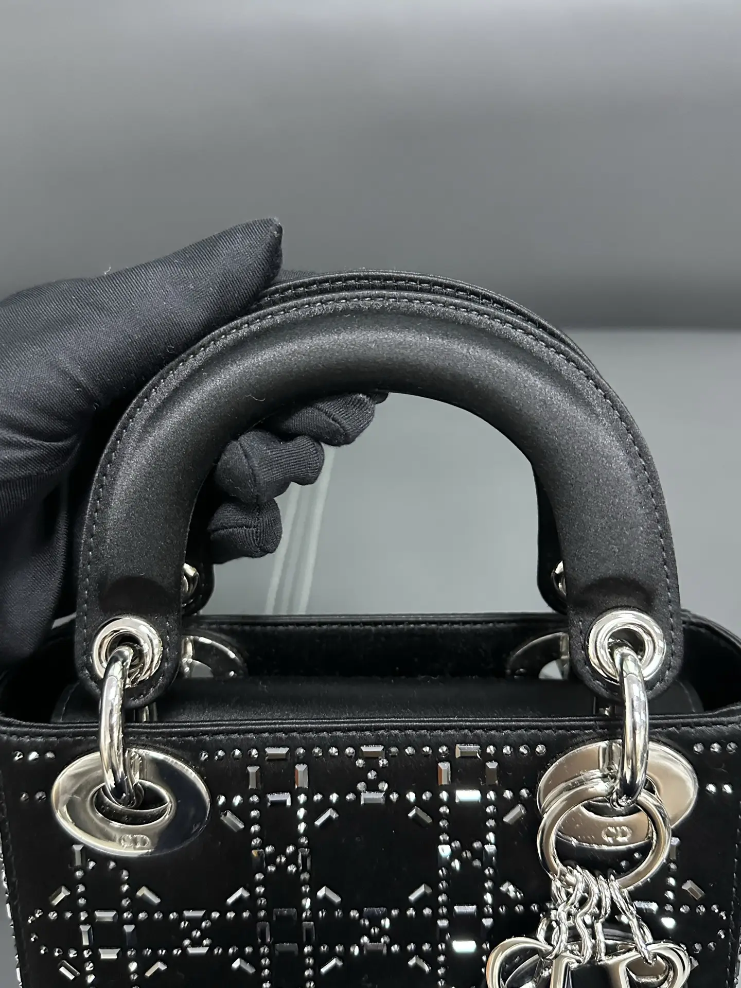 DIOR Mini Lady Dior Bag in Black Satin with Crystals DIOR Mini Lady Dior Bag in Black Satin with Crystals